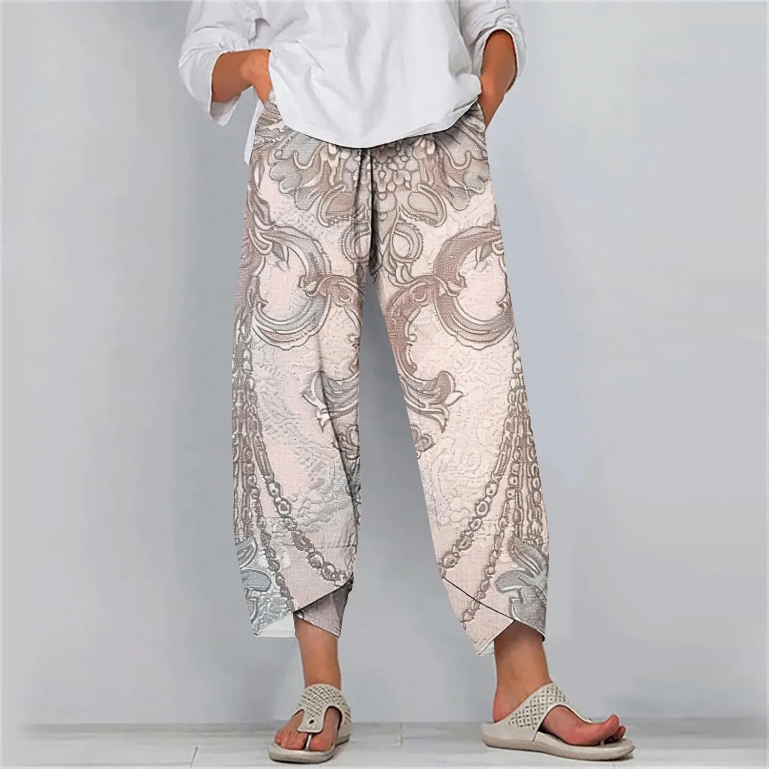 Harem Pants Women with Pockets High Waist Trendy Pattern Baggy Wide Leg Pants Summer Boho Palazzo Trousers 2025