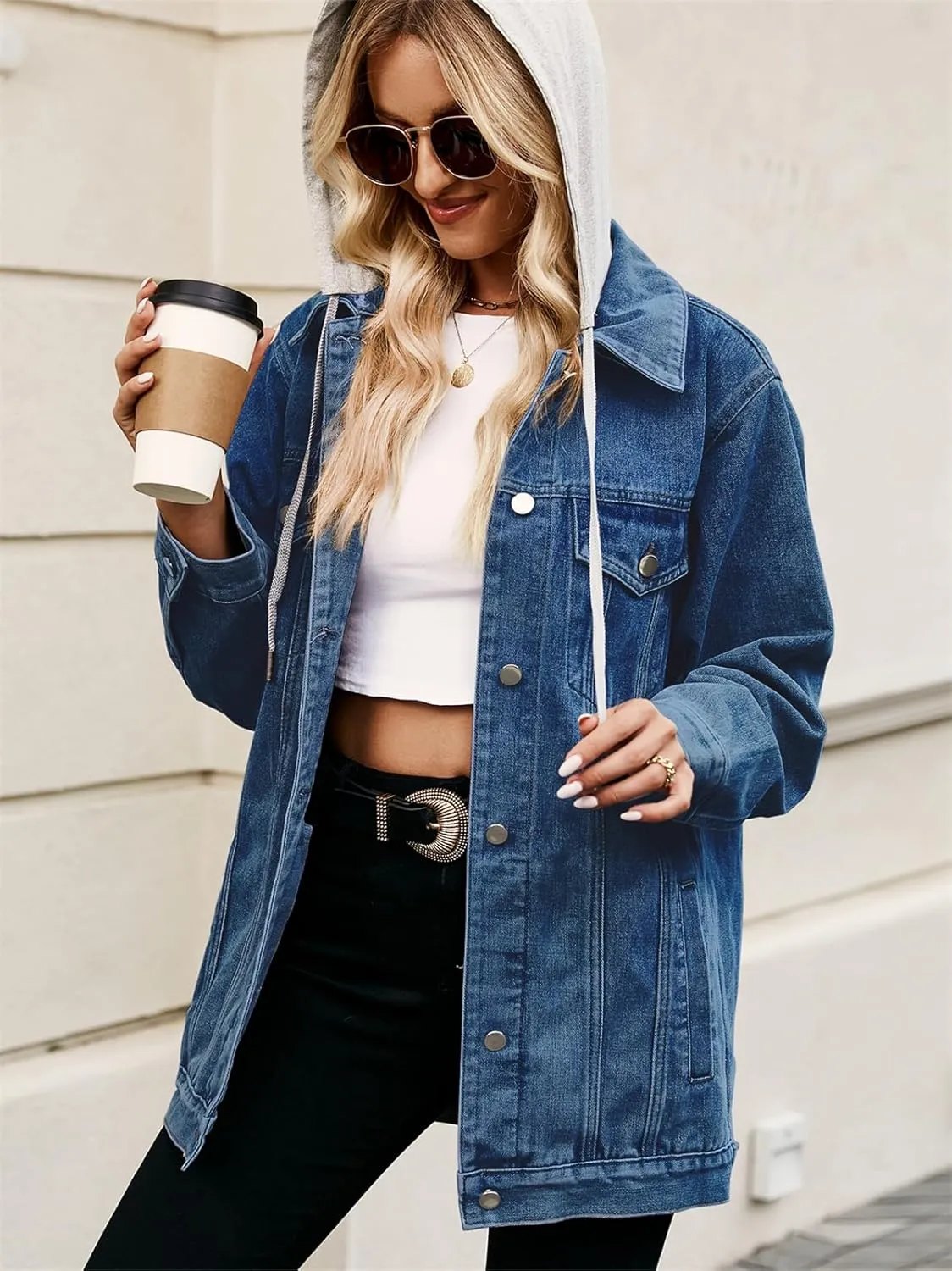 hathne Jean Jacket Women Oversized Casual Distressed Denim Jacket Button Down Long Sleeve Shirt Coat with Pockets