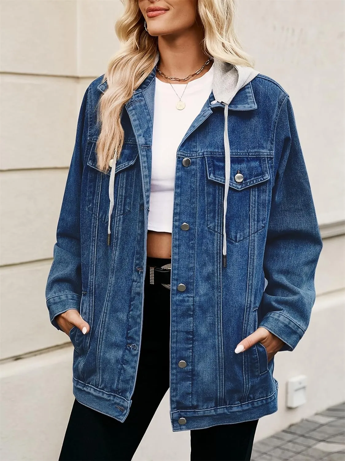 hathne Jean Jacket Women Oversized Casual Distressed Denim Jacket Button Down Long Sleeve Shirt Coat with Pockets