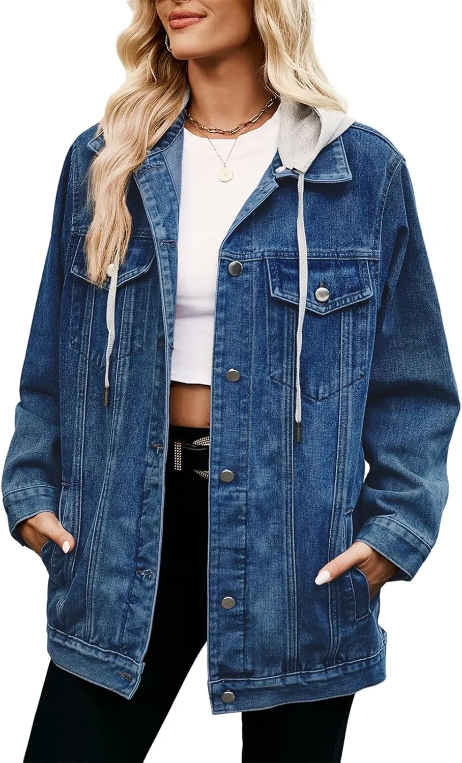 hathne Jean Jacket Women Oversized Casual Distressed Denim Jacket Button Down Long Sleeve Shirt Coat with Pockets
