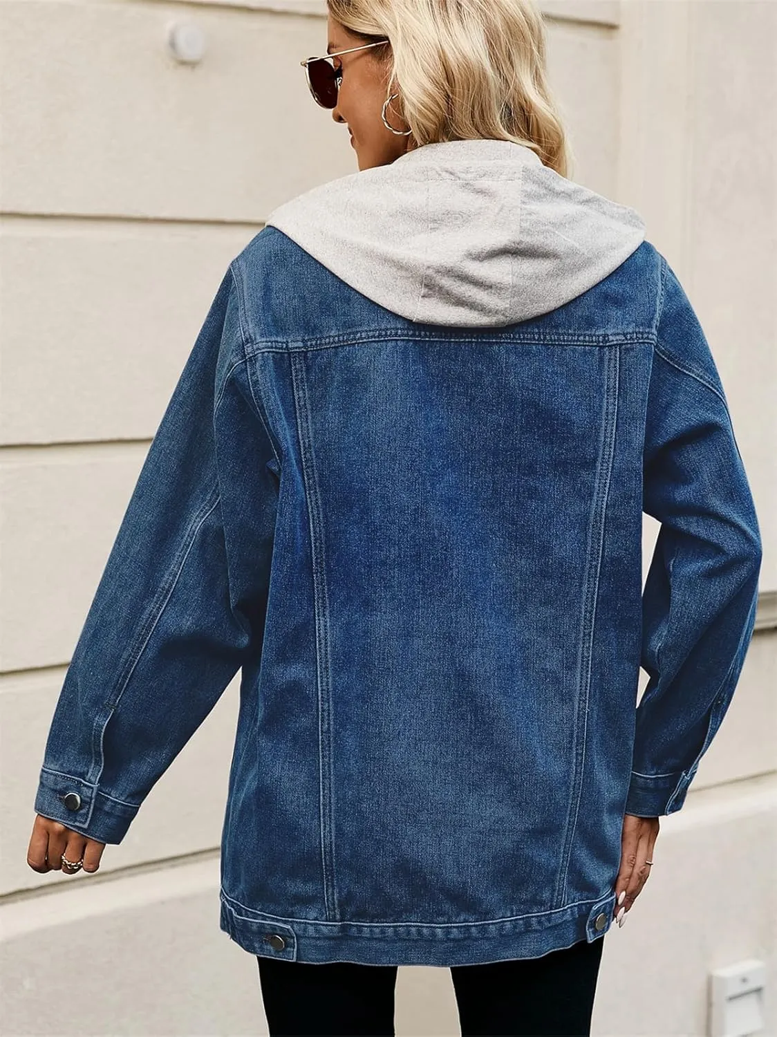 hathne Jean Jacket Women Oversized Casual Distressed Denim Jacket Button Down Long Sleeve Shirt Coat with Pockets