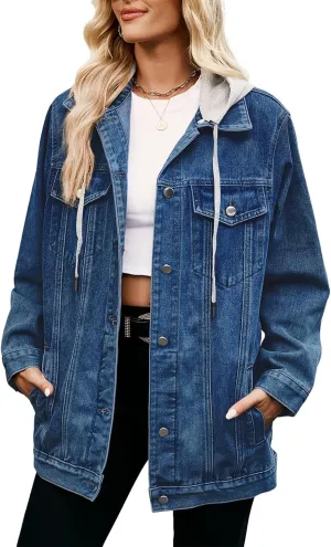 hathne Jean Jacket Women Oversized Casual Distressed Denim Jacket Button Down Long Sleeve Shirt Coat with Pockets