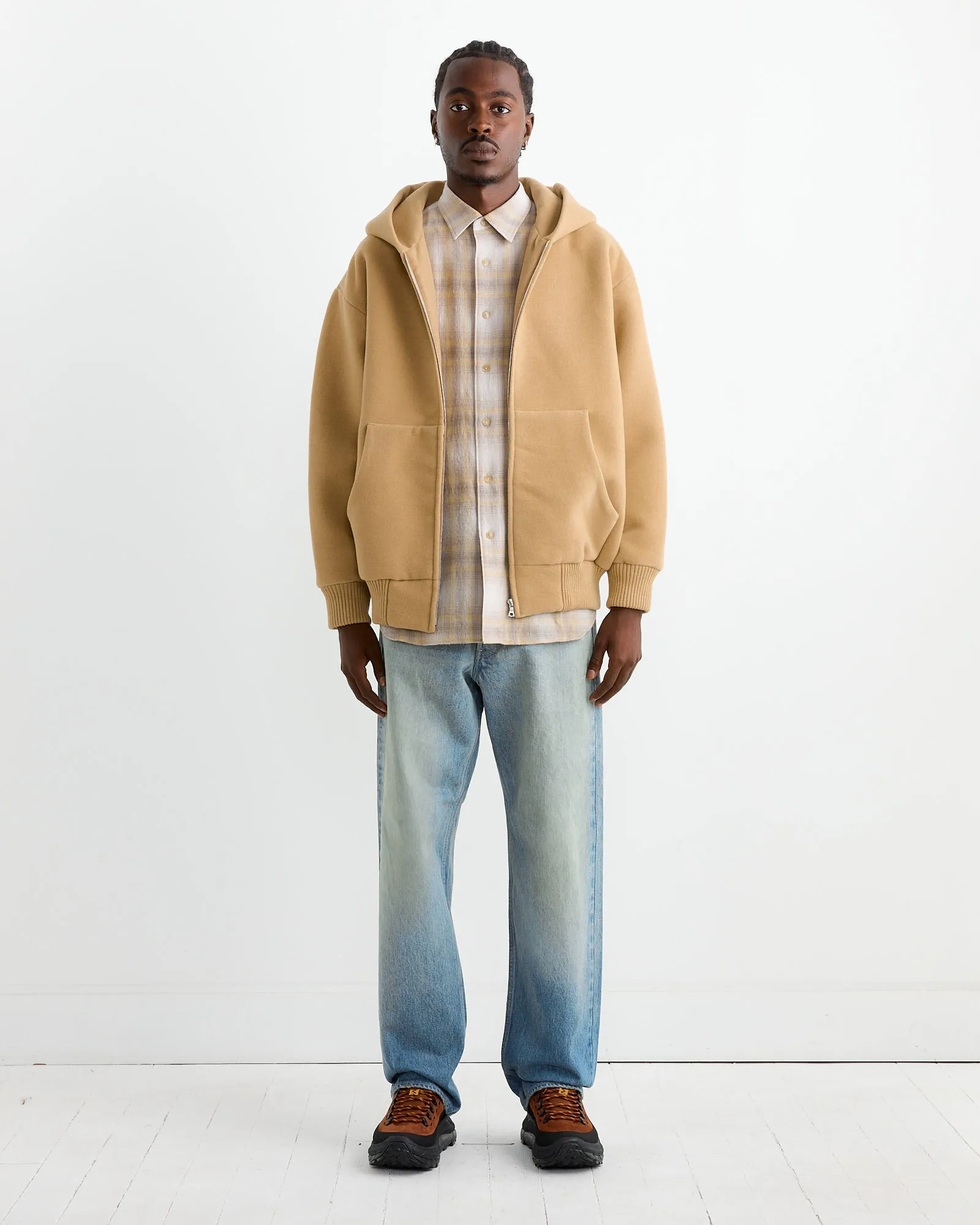 Heavy Wool Pile Zip Hoodie in Beige