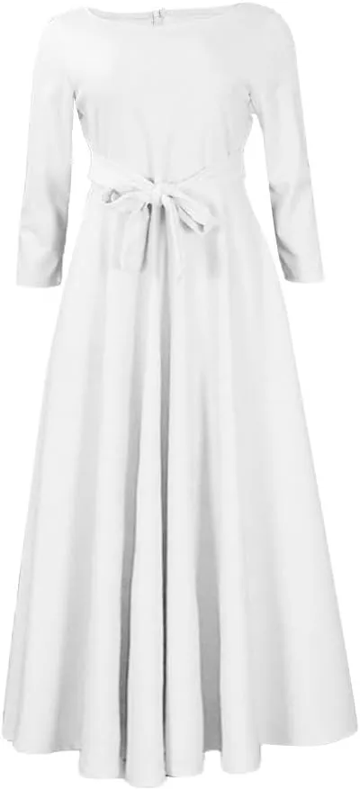 HGps8w Plus Size Women Elegant Belted High Waist Midi Dresses - Formal Solid Long Sleeve Wedding Guests Dress with Pockets