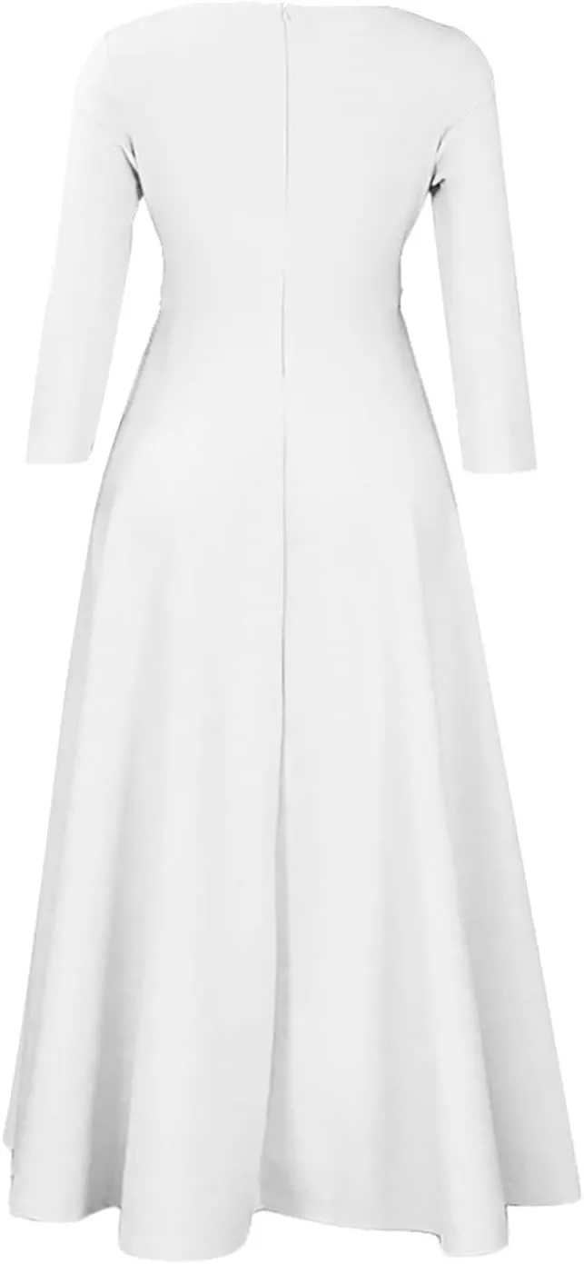 HGps8w Plus Size Women Elegant Belted High Waist Midi Dresses - Formal Solid Long Sleeve Wedding Guests Dress with Pockets