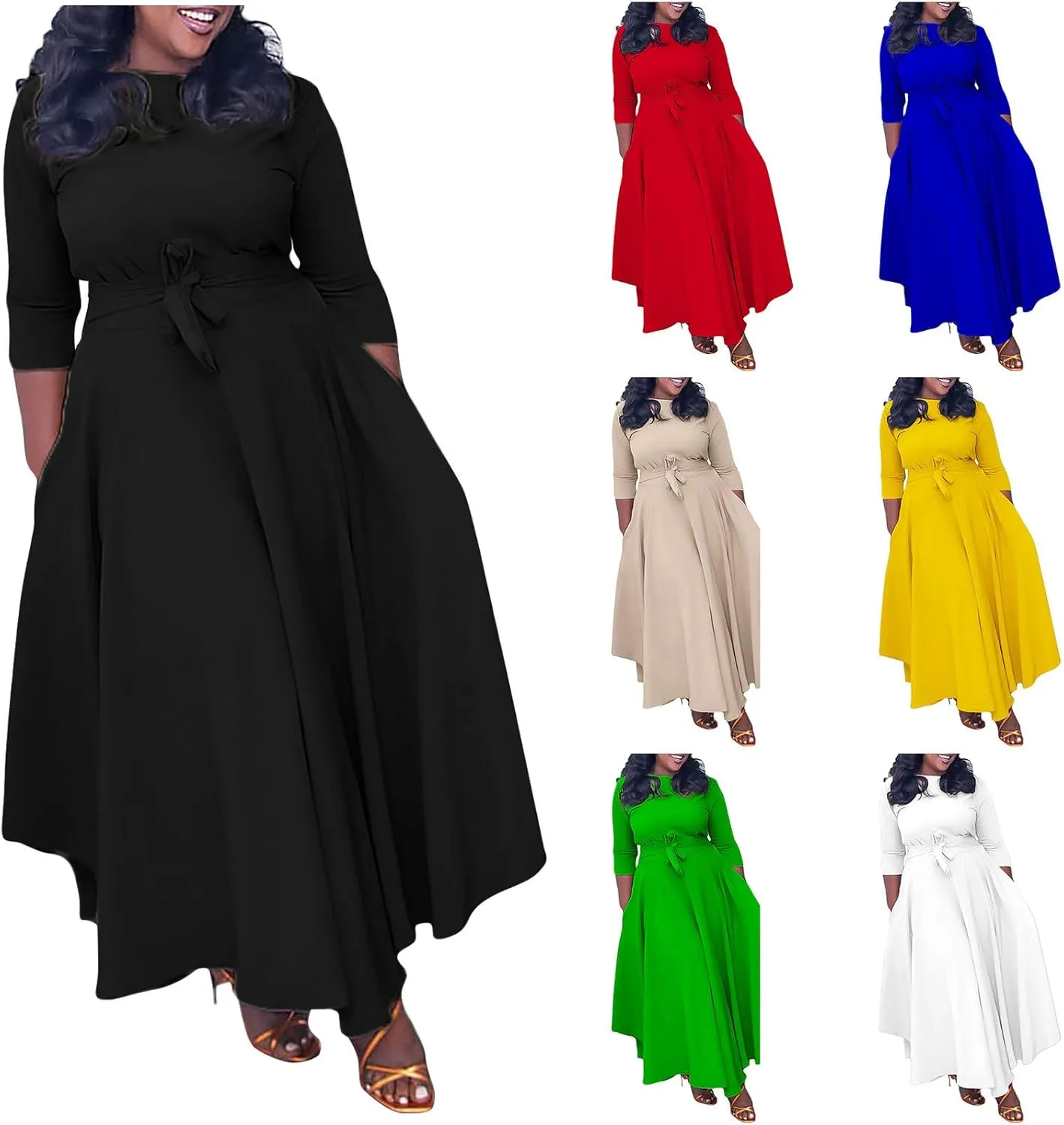 HGps8w Plus Size Women Elegant Belted High Waist Midi Dresses - Formal Solid Long Sleeve Wedding Guests Dress with Pockets