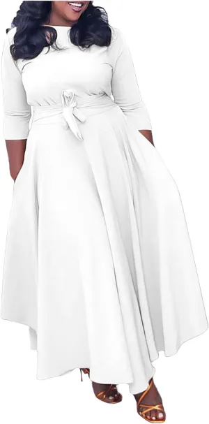 HGps8w Plus Size Women Elegant Belted High Waist Midi Dresses - Formal Solid Long Sleeve Wedding Guests Dress with Pockets