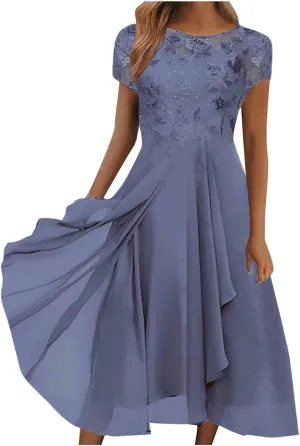 HGps8w Wedding Guests Dresses for Women Elegant Short Sleeve Lace Chiffon Flowy Dress Formal Evening Party Prom Gown