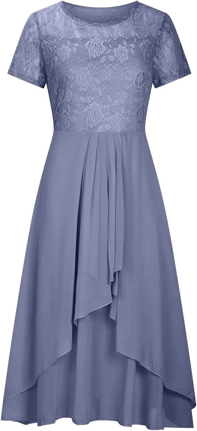 HGps8w Wedding Guests Dresses for Women Elegant Short Sleeve Lace Chiffon Flowy Dress Formal Evening Party Prom Gown