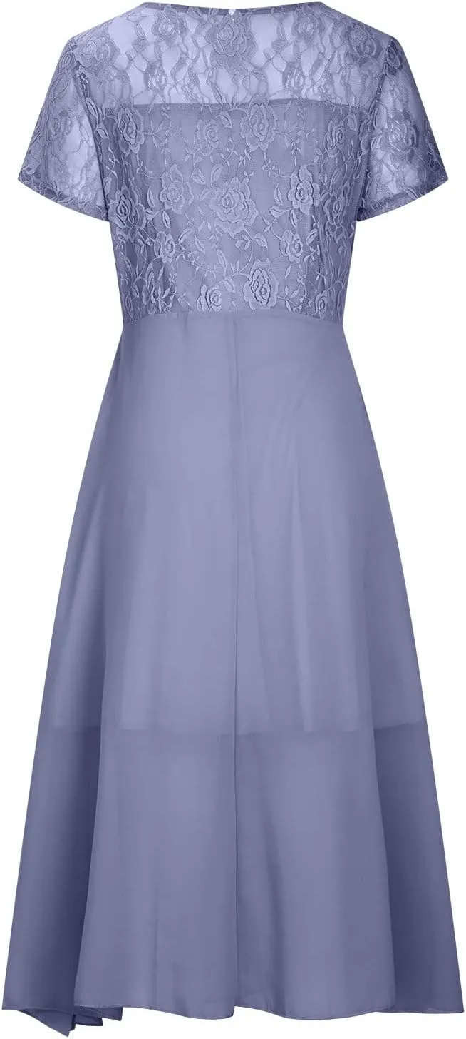 HGps8w Wedding Guests Dresses for Women Elegant Short Sleeve Lace Chiffon Flowy Dress Formal Evening Party Prom Gown