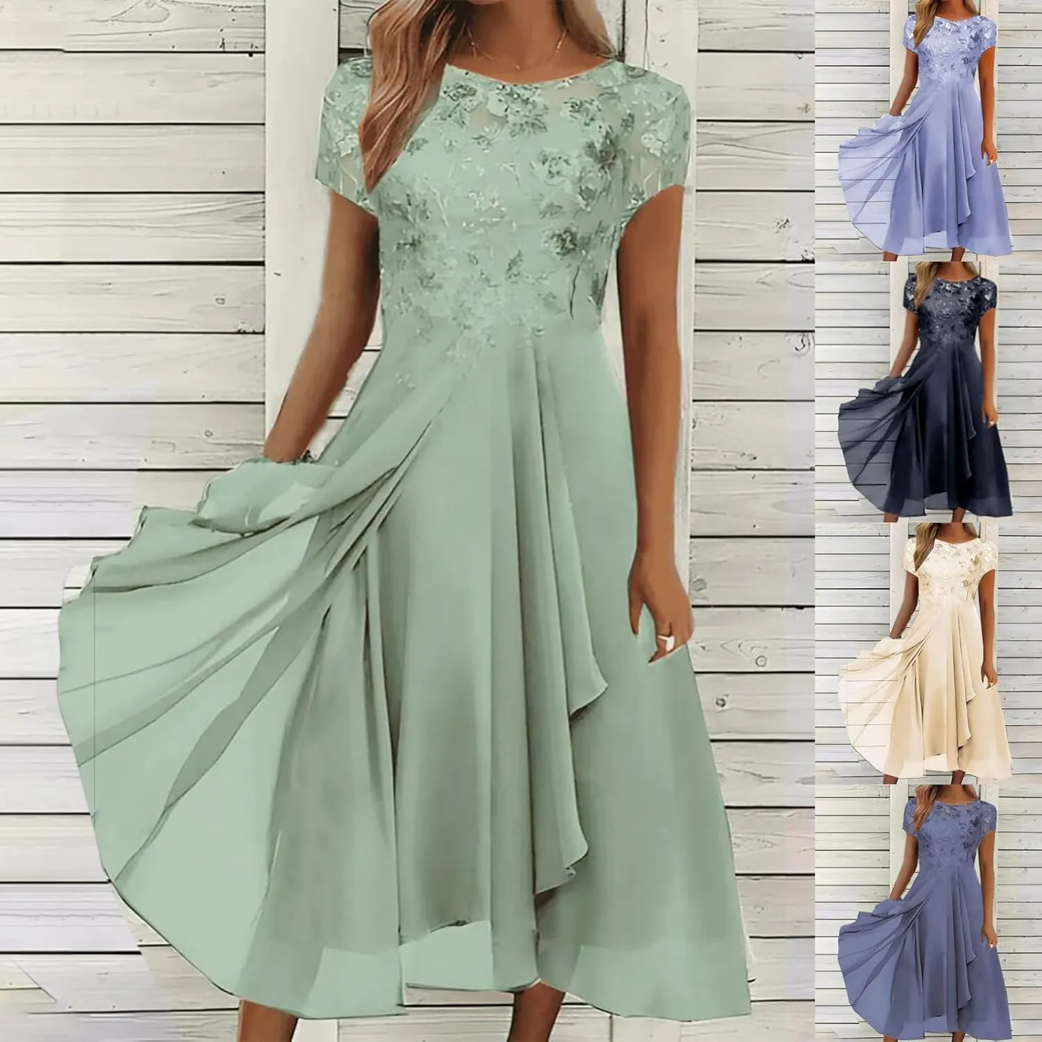 HGps8w Wedding Guests Dresses for Women Elegant Short Sleeve Lace Chiffon Flowy Dress Formal Evening Party Prom Gown