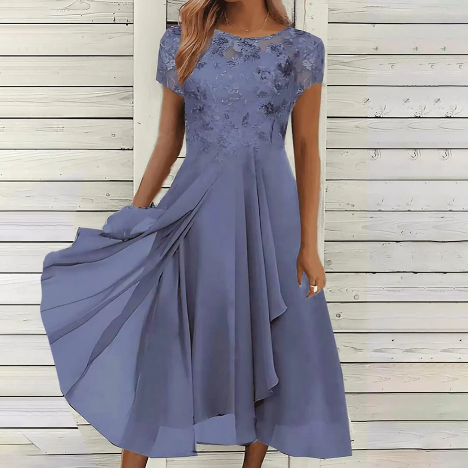 HGps8w Wedding Guests Dresses for Women Elegant Short Sleeve Lace Chiffon Flowy Dress Formal Evening Party Prom Gown
