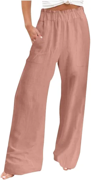 High Waisted Palazzo Pants Women Wide Leg Trousers, Casual Linen Pants with Pockets for Work or Lounge