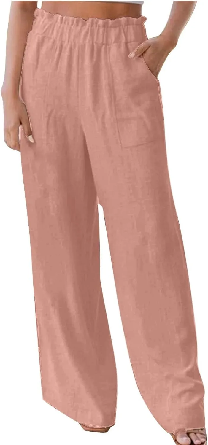 High Waisted Palazzo Pants Women Wide Leg Trousers, Casual Linen Pants with Pockets for Work or Lounge
