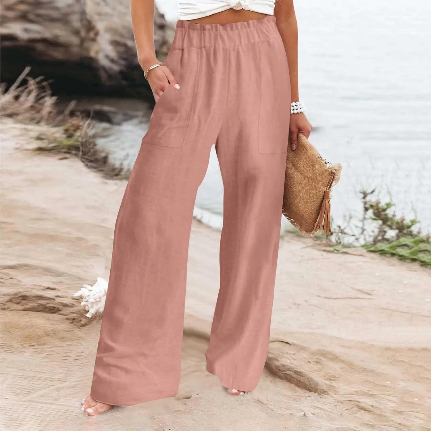 High Waisted Palazzo Pants Women Wide Leg Trousers, Casual Linen Pants with Pockets for Work or Lounge