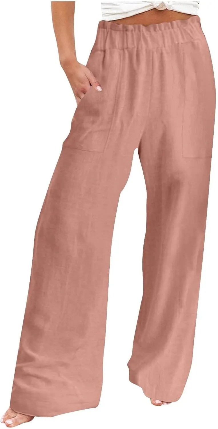 High Waisted Palazzo Pants Women Wide Leg Trousers, Casual Linen Pants with Pockets for Work or Lounge