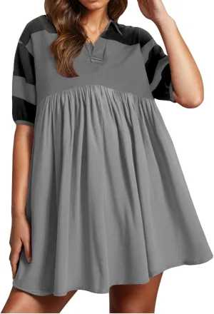 hlysgo Babydoll Dress for Women 2025 Summer Cute Short Sleeve V Neck Mini Dresses Casual Loose Fit A-Line Swing Shirt Dress