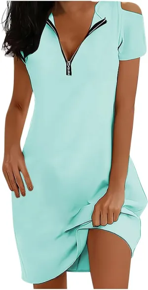 hlysgo Going Out Dress for Women 2025 Summer Cold Shoulder Short Sleeve V Neck Mini Dresses Zipper V Neck Knee Length Dress