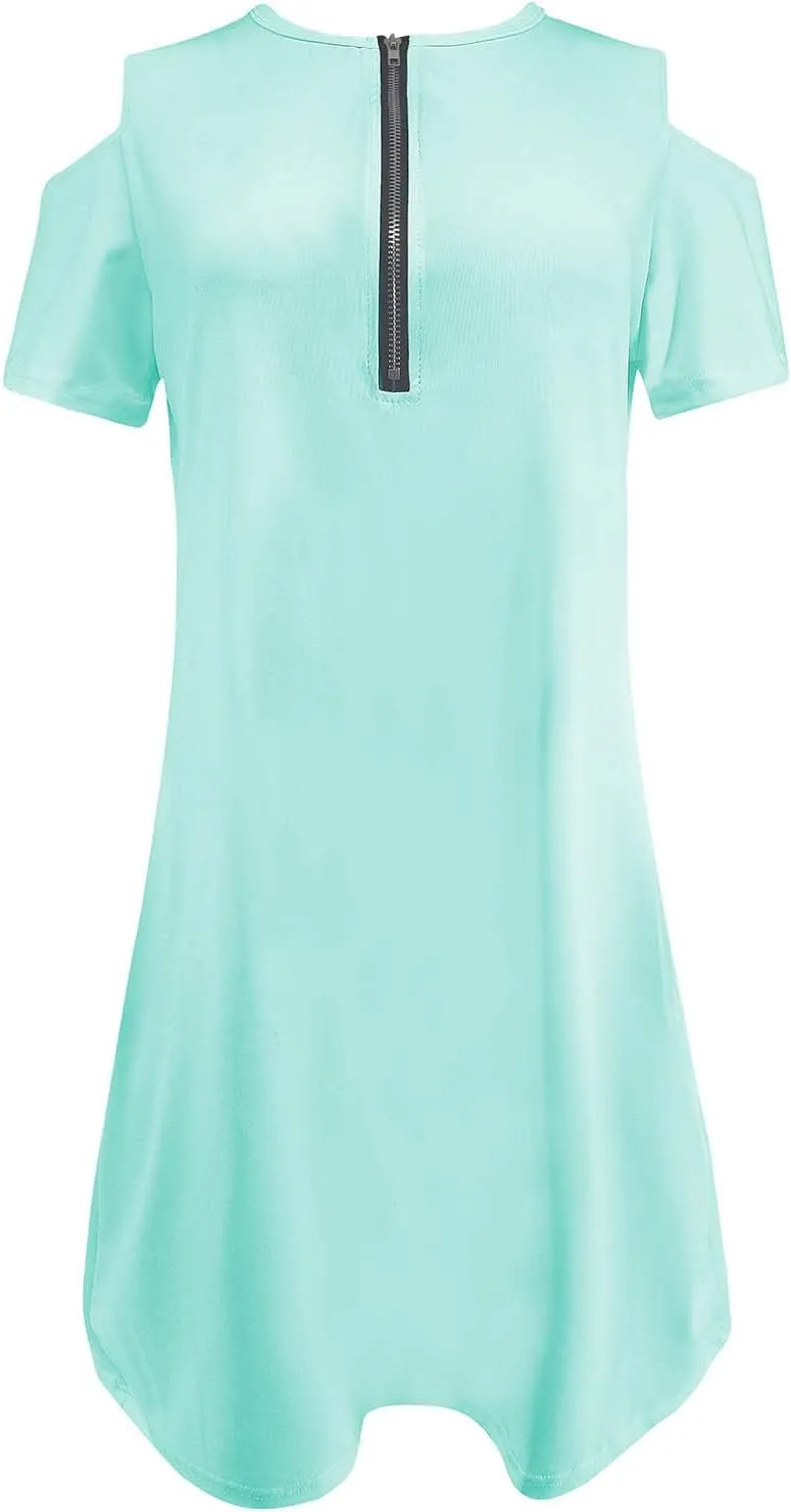 hlysgo Going Out Dress for Women 2025 Summer Cold Shoulder Short Sleeve V Neck Mini Dresses Zipper V Neck Knee Length Dress