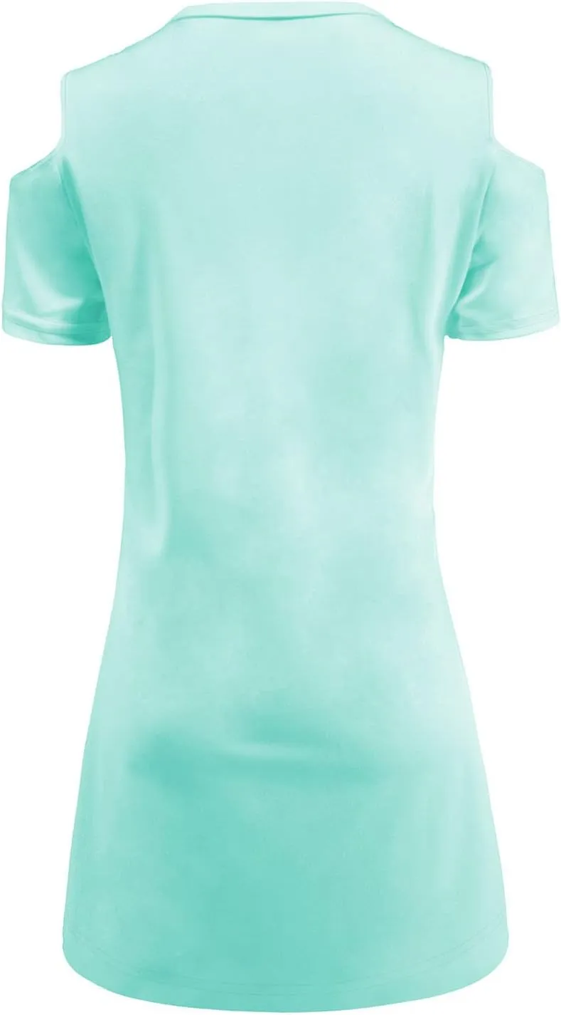 hlysgo Going Out Dress for Women 2025 Summer Cold Shoulder Short Sleeve V Neck Mini Dresses Zipper V Neck Knee Length Dress