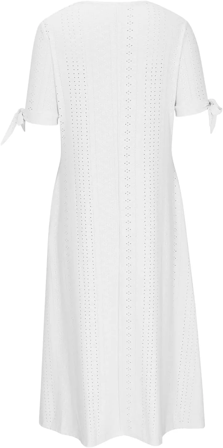 hlysgo Petite Dresses for Women Summer Boho Eyelet Embroidery Midi Dresses Beach Vacation Pleated Long Dress with Pockets