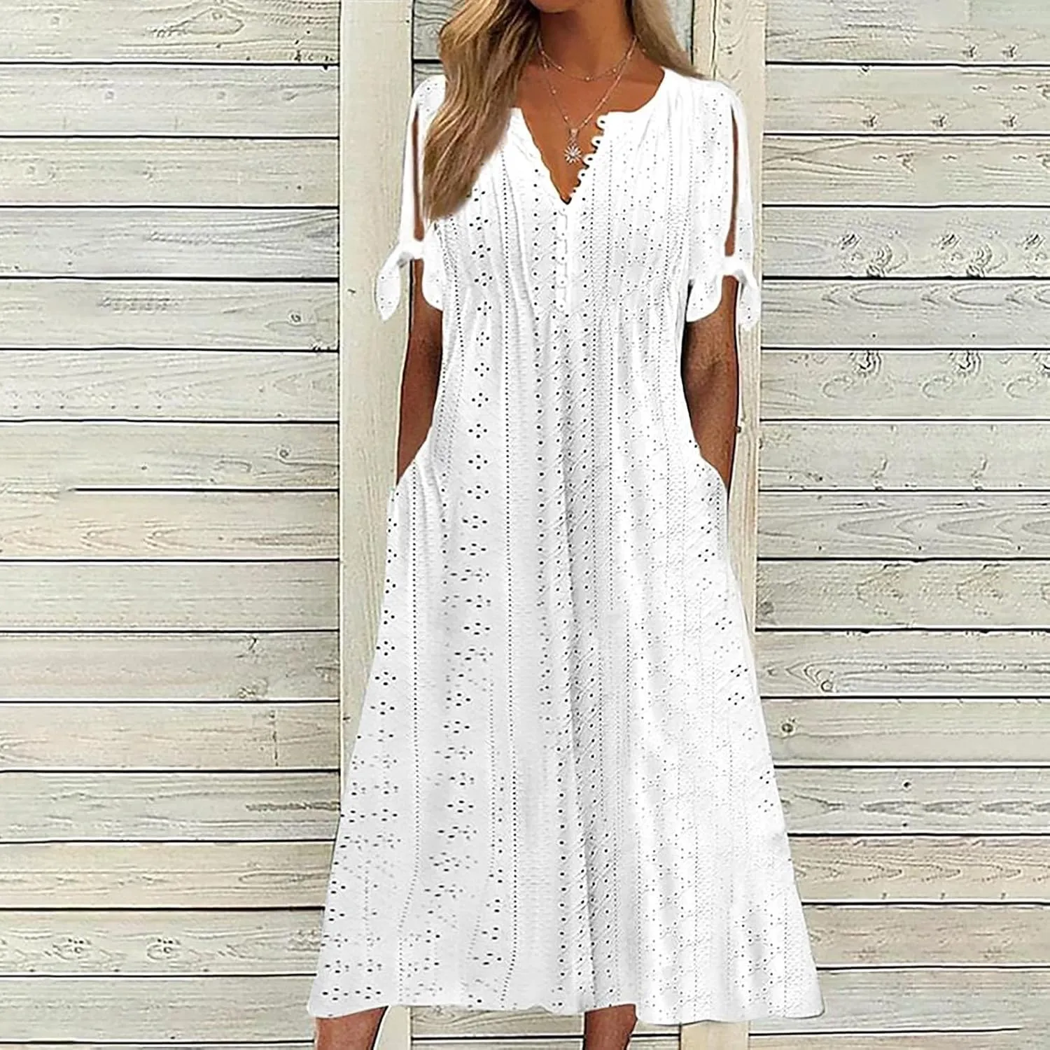 hlysgo Petite Dresses for Women Summer Boho Eyelet Embroidery Midi Dresses Beach Vacation Pleated Long Dress with Pockets