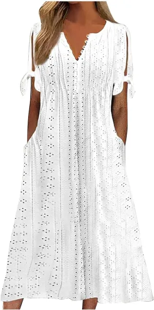 hlysgo Petite Dresses for Women Summer Boho Eyelet Embroidery Midi Dresses Beach Vacation Pleated Long Dress with Pockets