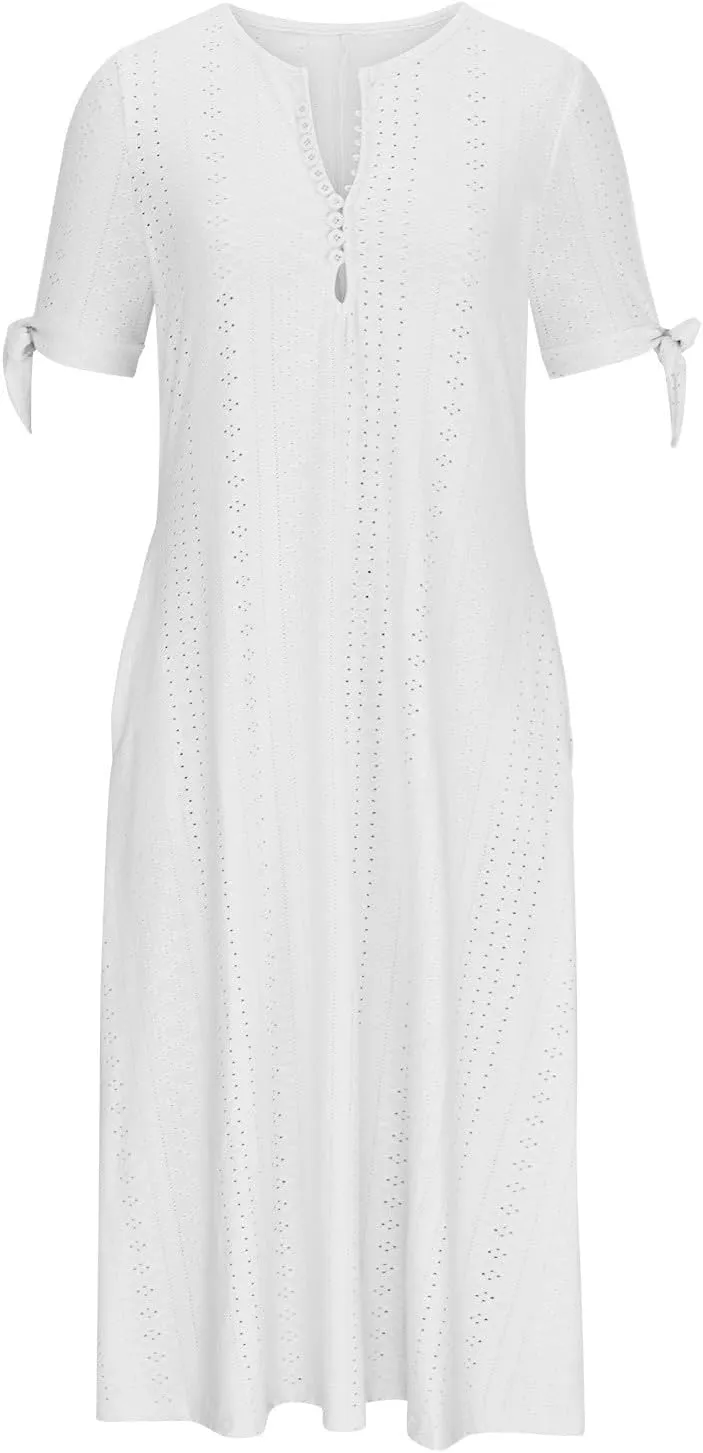 hlysgo Petite Dresses for Women Summer Boho Eyelet Embroidery Midi Dresses Beach Vacation Pleated Long Dress with Pockets