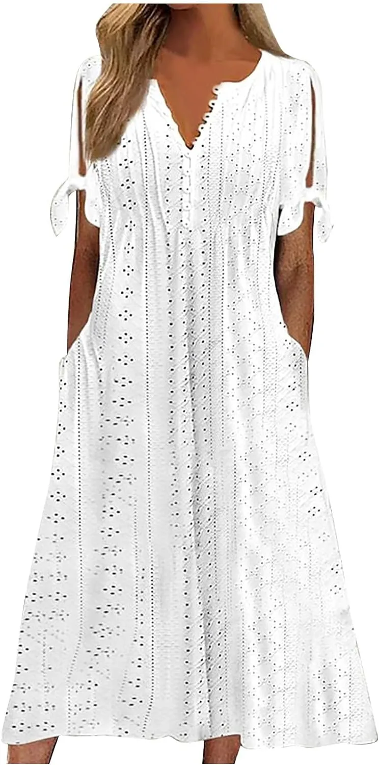hlysgo Petite Dresses for Women Summer Boho Eyelet Embroidery Midi Dresses Beach Vacation Pleated Long Dress with Pockets