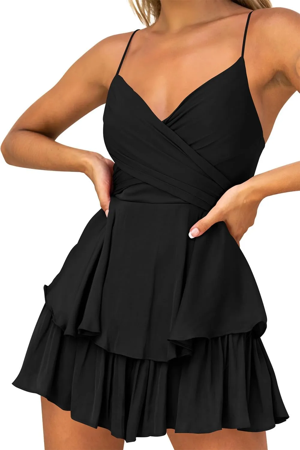 Hocuos Women's Dress Sexy V-Neck Adjustable Spaghetti Strap Waist Tie Sleeveless Layer Ruffle Hem A Line Mini Dress