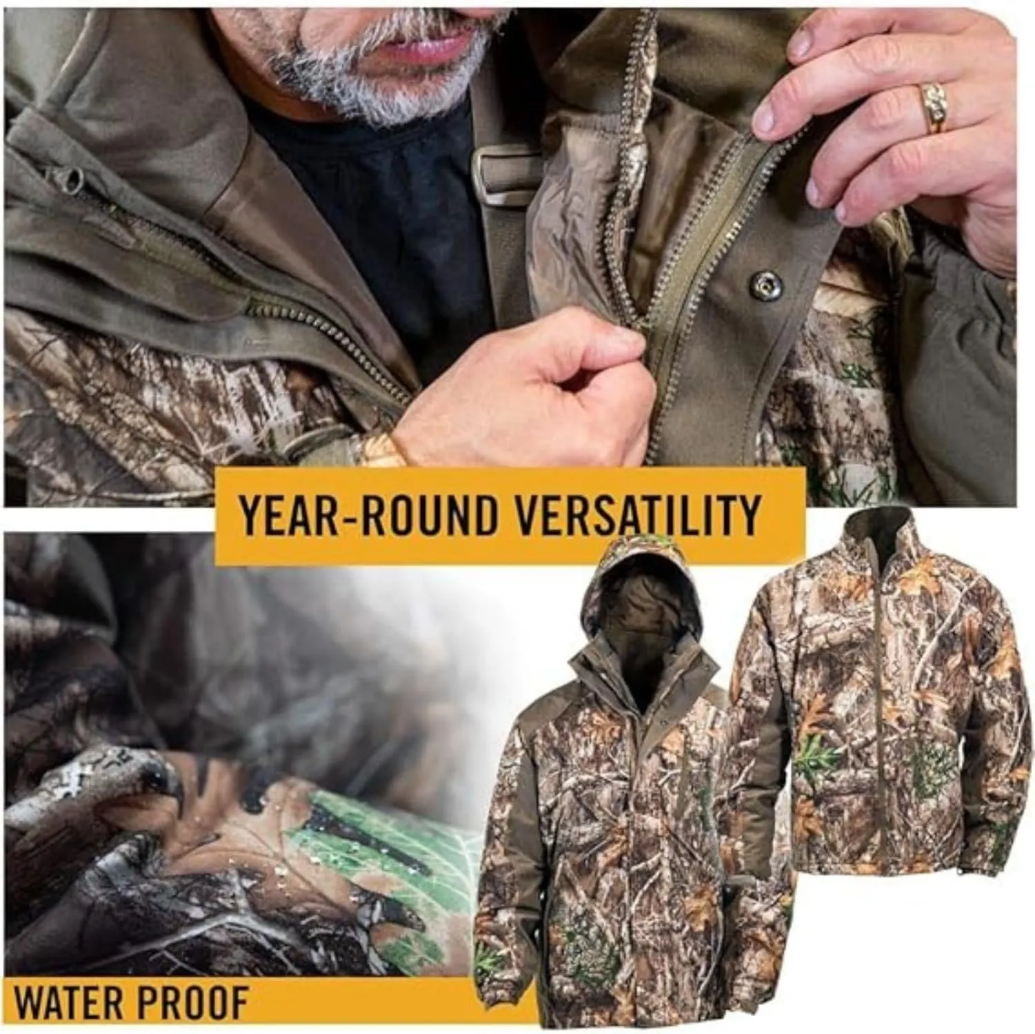 HOT SHOT Mens 3-in-1 Insulated Camo Hunting Parka, Waterproof Jacket, Versatile Camouflage Hunting Clothes for Men