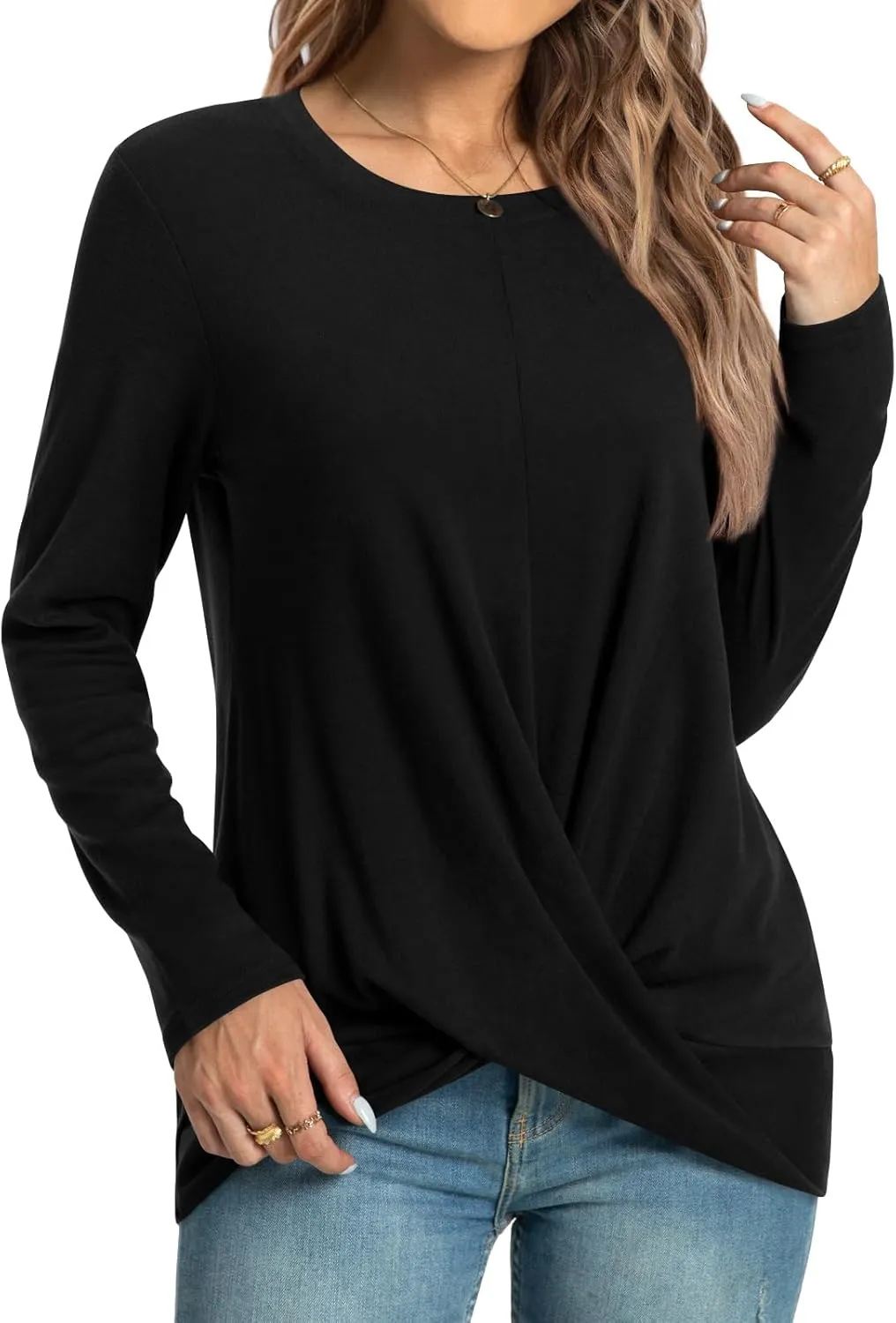 HOTGIFT Women's Long Sleeve Tunic Tops Casual Crewneck T-Shirts Front Twist Top Tee Blouse For Leggings