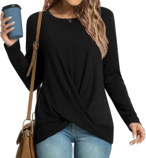 HOTGIFT Women's Long Sleeve Tunic Tops Casual Crewneck T-Shirts Front Twist Top Tee Blouse For Leggings
