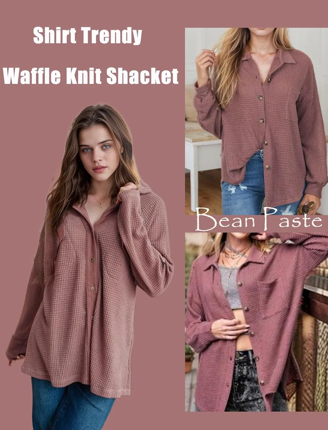 HOTOUCH Waffle Knit Button Down Shirts for Women Dressy Casual Work Tops Long Sleeve Loose Fit Shacket with Pocket