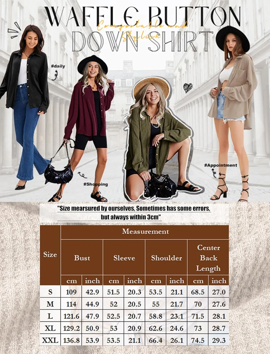 HOTOUCH Waffle Knit Button Down Shirts for Women Dressy Casual Work Tops Long Sleeve Loose Fit Shacket with Pocket