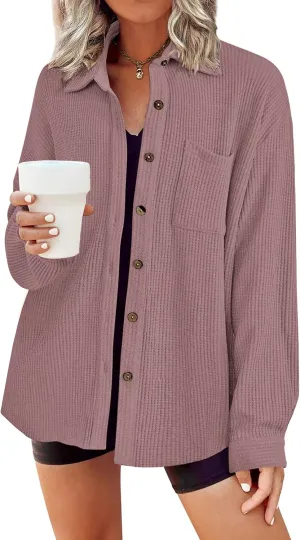 HOTOUCH Waffle Knit Button Down Shirts for Women Dressy Casual Work Tops Long Sleeve Loose Fit Shacket with Pocket