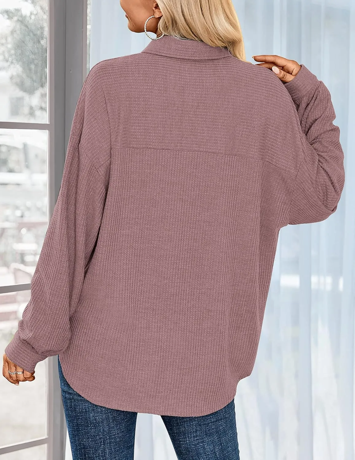HOTOUCH Waffle Knit Button Down Shirts for Women Dressy Casual Work Tops Long Sleeve Loose Fit Shacket with Pocket
