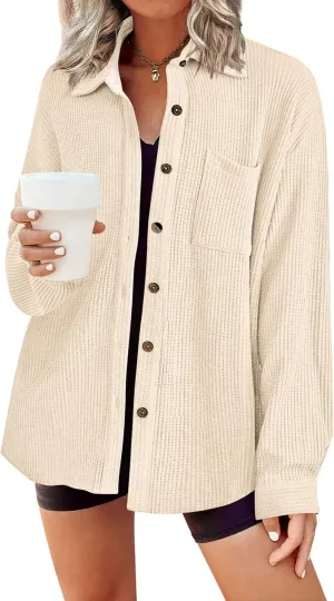 HOTOUCH Waffle Knit Button Down Shirts for Women Dressy Casual Work Tops Long Sleeve Loose Fit Shacket with Pocket