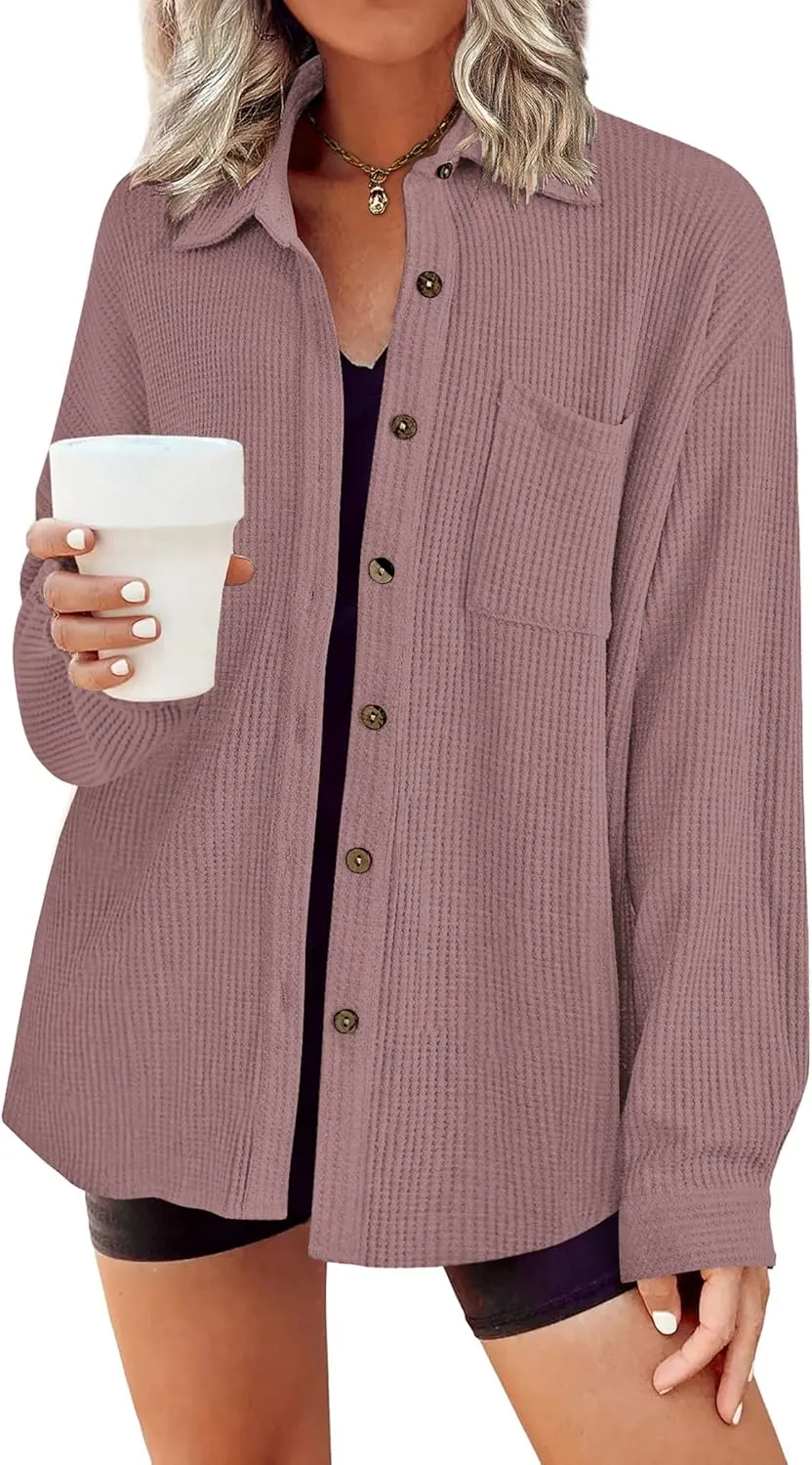 HOTOUCH Waffle Knit Button Down Shirts for Women Dressy Casual Work Tops Long Sleeve Loose Fit Shacket with Pocket