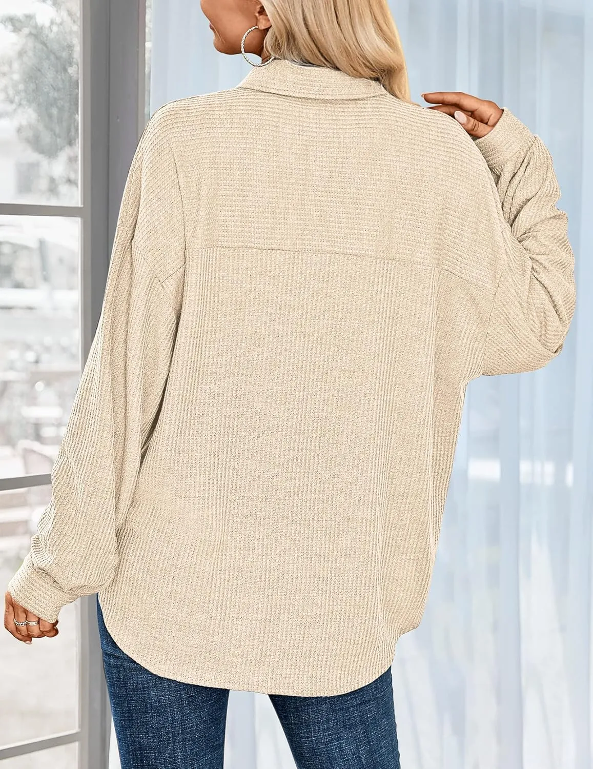 HOTOUCH Waffle Knit Button Down Shirts for Women Dressy Casual Work Tops Long Sleeve Loose Fit Shacket with Pocket