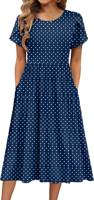 HOTOUCH Women's Summer Short Sleeve A-Line Midi Dresses Casual Floral T-Shirt Dress Flowy Beach Sundress with Pockets
