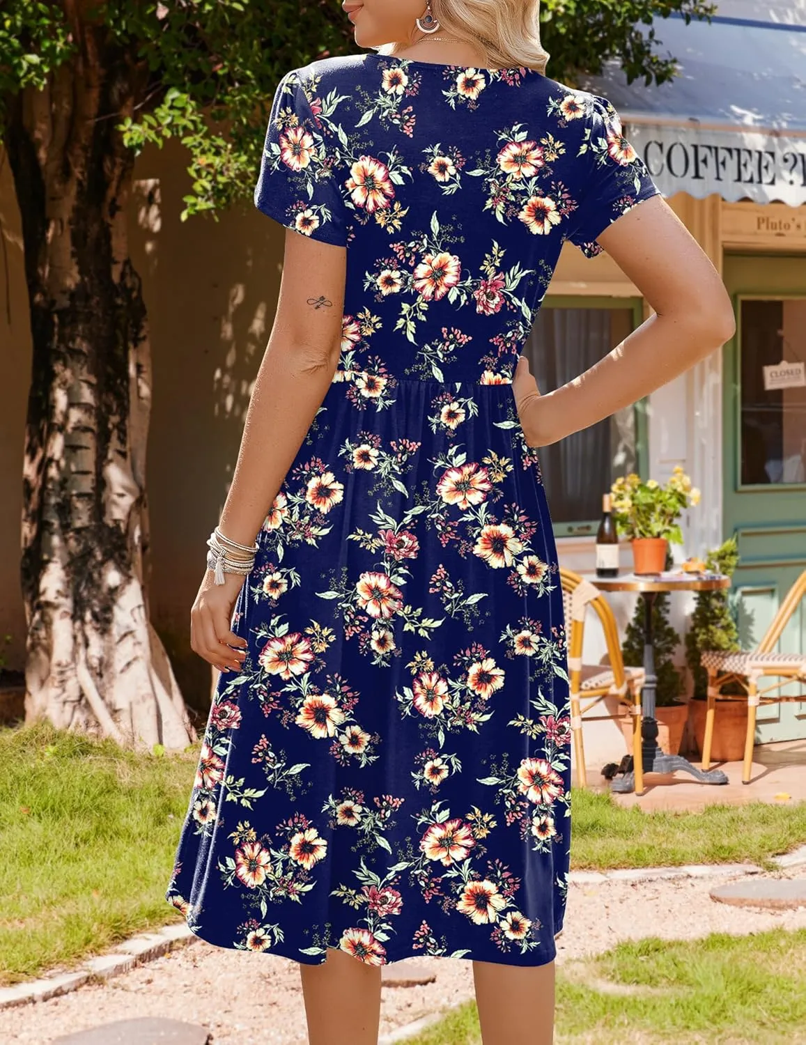 HOTOUCH Women's Summer Short Sleeve A-Line Midi Dresses Casual Floral T-Shirt Dress Flowy Beach Sundress with Pockets
