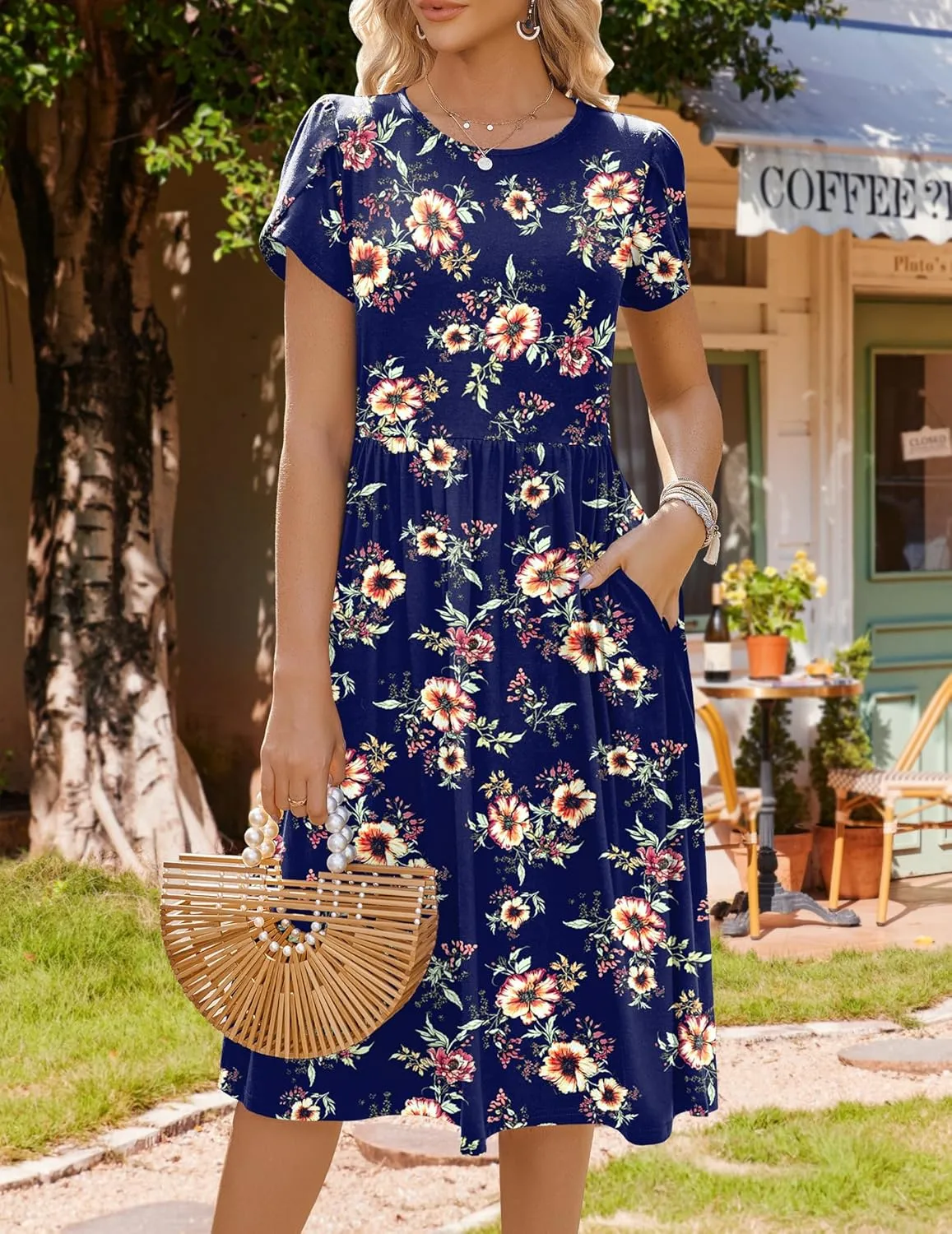 HOTOUCH Women's Summer Short Sleeve A-Line Midi Dresses Casual Floral T-Shirt Dress Flowy Beach Sundress with Pockets