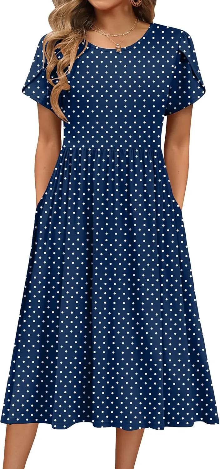 HOTOUCH Women's Summer Short Sleeve A-Line Midi Dresses Casual Floral T-Shirt Dress Flowy Beach Sundress with Pockets