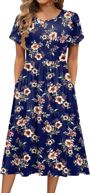 HOTOUCH Women's Summer Short Sleeve A-Line Midi Dresses Casual Floral T-Shirt Dress Flowy Beach Sundress with Pockets