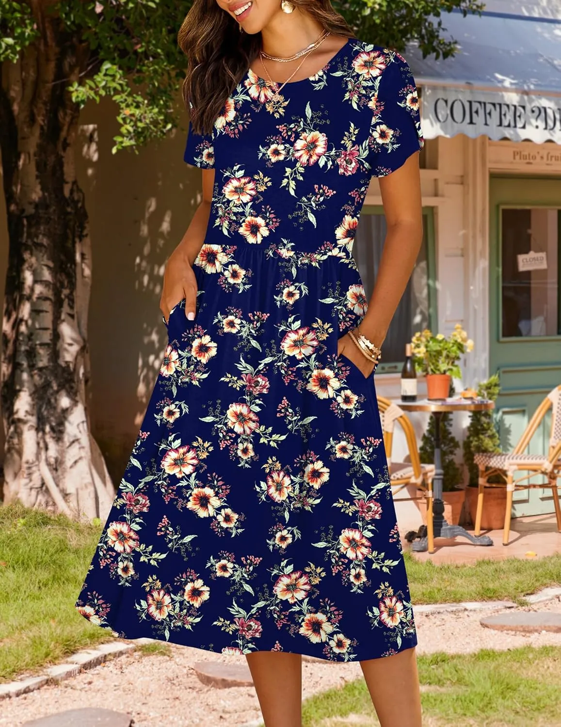 HOTOUCH Women's Summer Short Sleeve A-Line Midi Dresses Casual Floral T-Shirt Dress Flowy Beach Sundress with Pockets