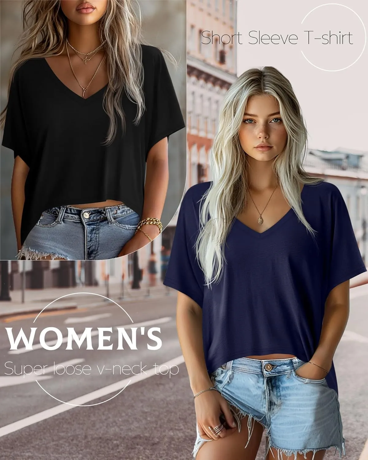 Huukeay 3 Pack Oversized T Shirts for Women Short Sleeve Crop Tops V Neck Irregular Hem Baggy Cropped Tees