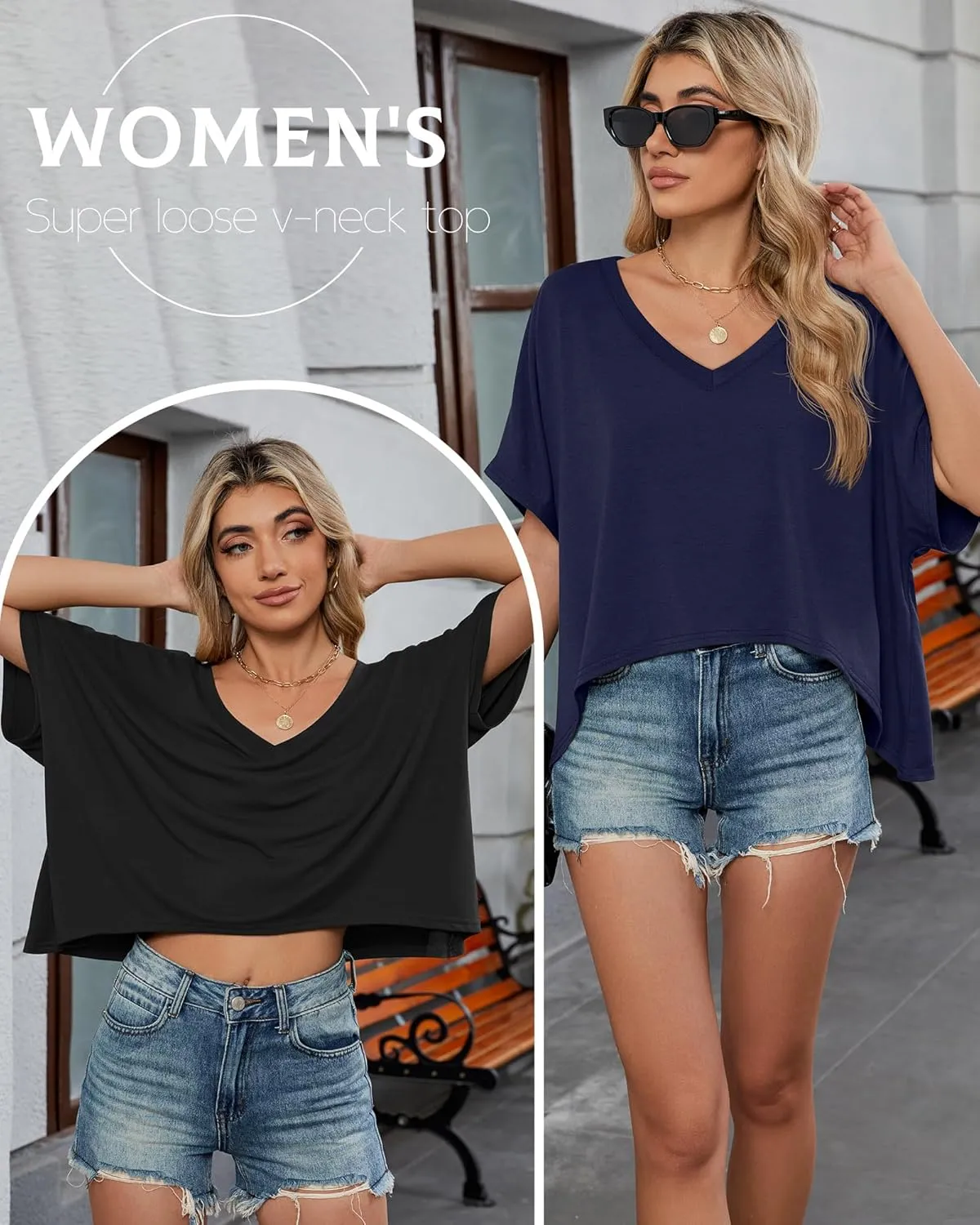 Huukeay 3 Pack Oversized T Shirts for Women Short Sleeve Crop Tops V Neck Irregular Hem Baggy Cropped Tees