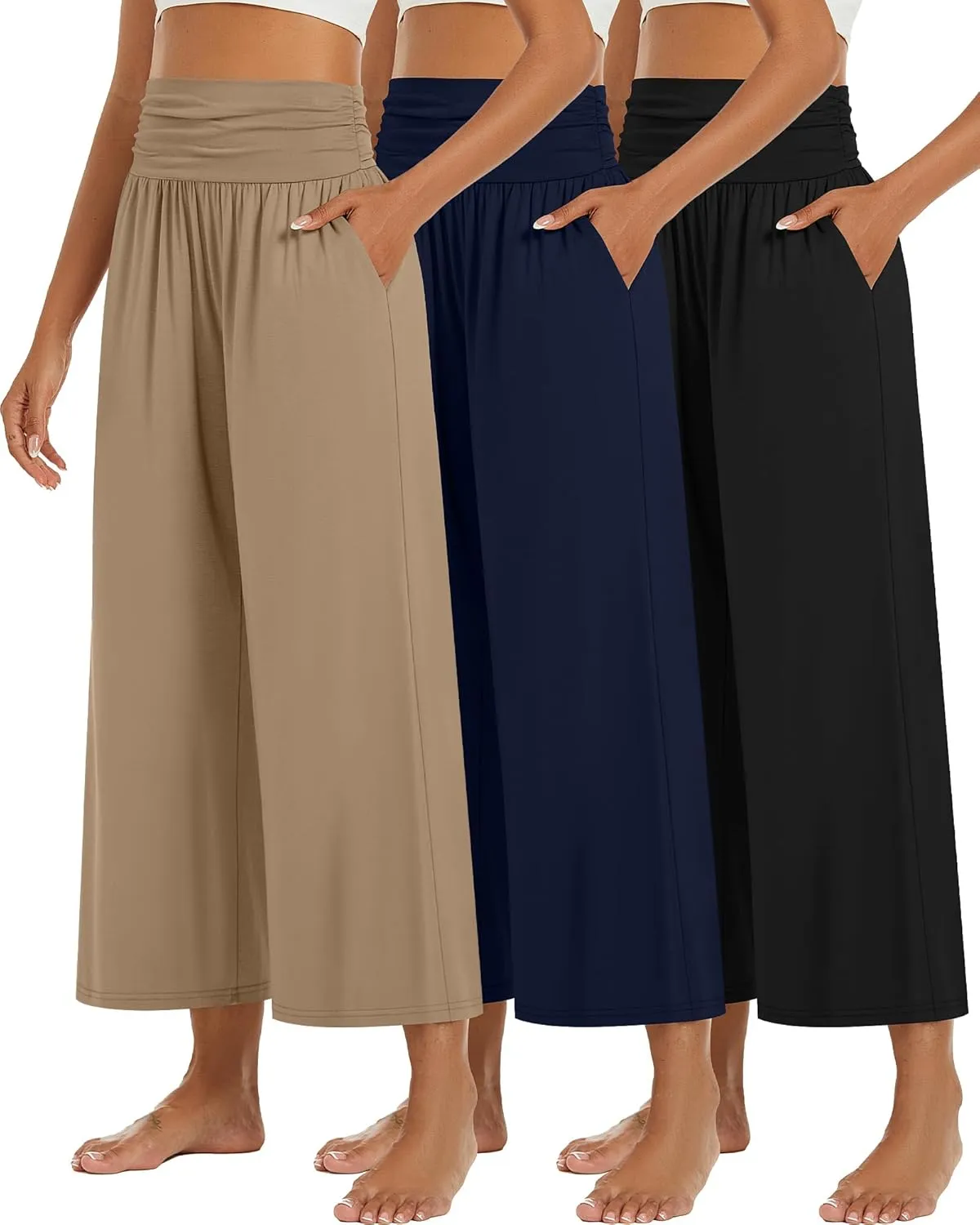 Huukeay 3 Pack Wide Leg Cropped Pants for Women, High Waist Lounge Yoga Pants Loose Casual Palazzo Capri Trouser with Pockets