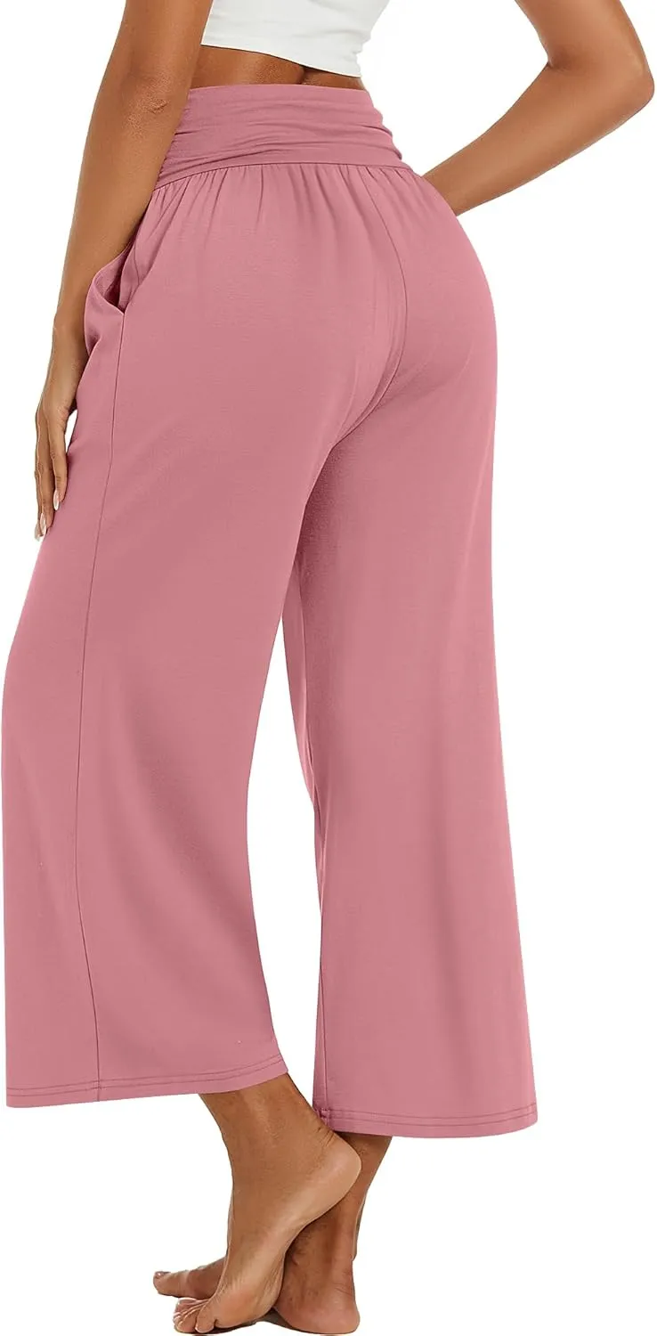 Huukeay 3 Pack Wide Leg Cropped Pants for Women, High Waist Lounge Yoga Pants Loose Casual Palazzo Capri Trouser with Pockets